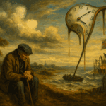 A symbolic painting showing a weary pensioner overshadowed by chaotic UK borders, set in a dreamlike English landscape with surreal elements.