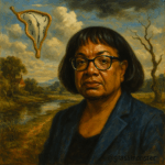 Dianne Abbott portrait in a dreamlike rural scene with a melting clock symbolising political pressure and time.