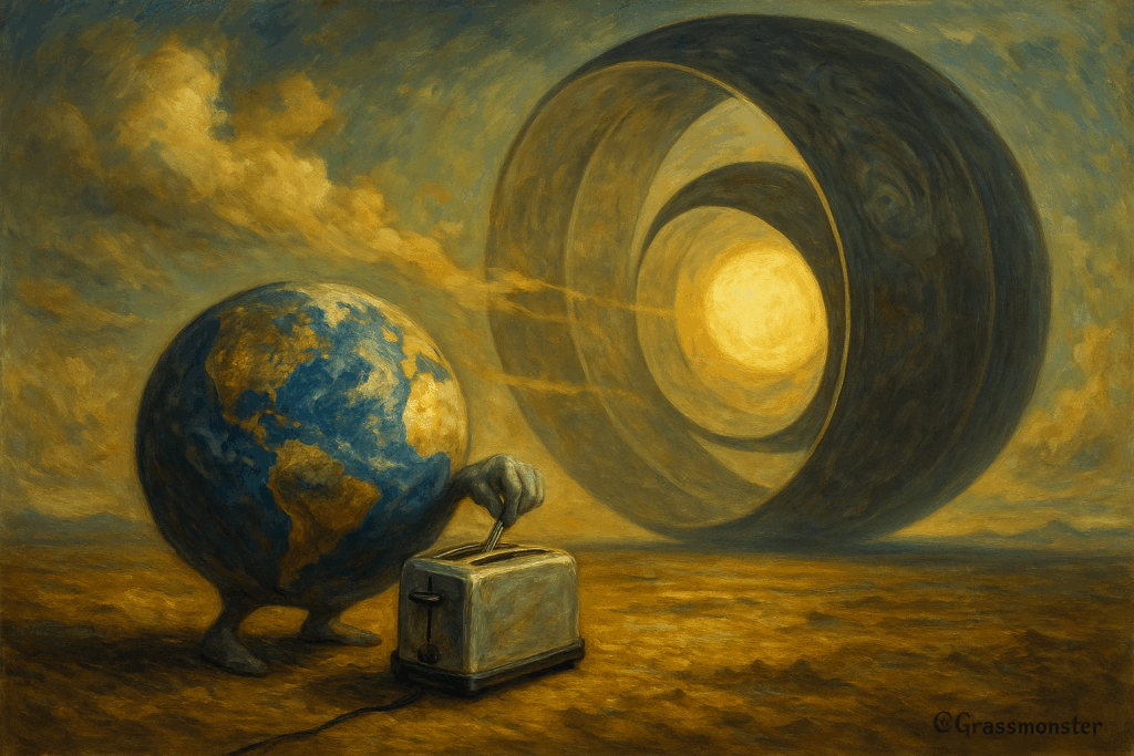 Artistic rendering of Earth struggling with fossil energy while a Dyson Sphere surrounds a sun in deep space – symbolising the Kardashev Scale’s hierarchy