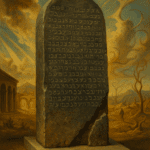 A digitally reconstructed Moabite Stone with ancient script, displayed in a museum setting, symbolising the clash of religion, archaeology, and politics.