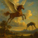 A fictional horse called pegasus flying across the land