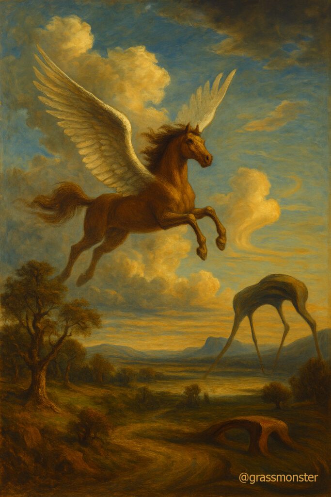 A fictional horse called pegasus flying across the land