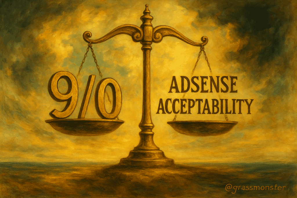 A surreal oil painting of golden scales floating between a dramatic sky and serene sea, one pan marked ‘9/10’ and the other ADSENSE ACCEPTABILITYsigned by @grassmonster