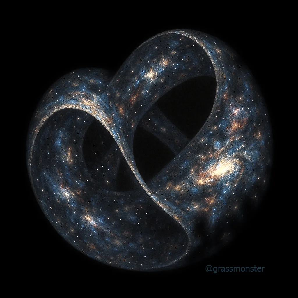 A painting of a cosmic Möbius strip filled with galaxies against pitch-black void